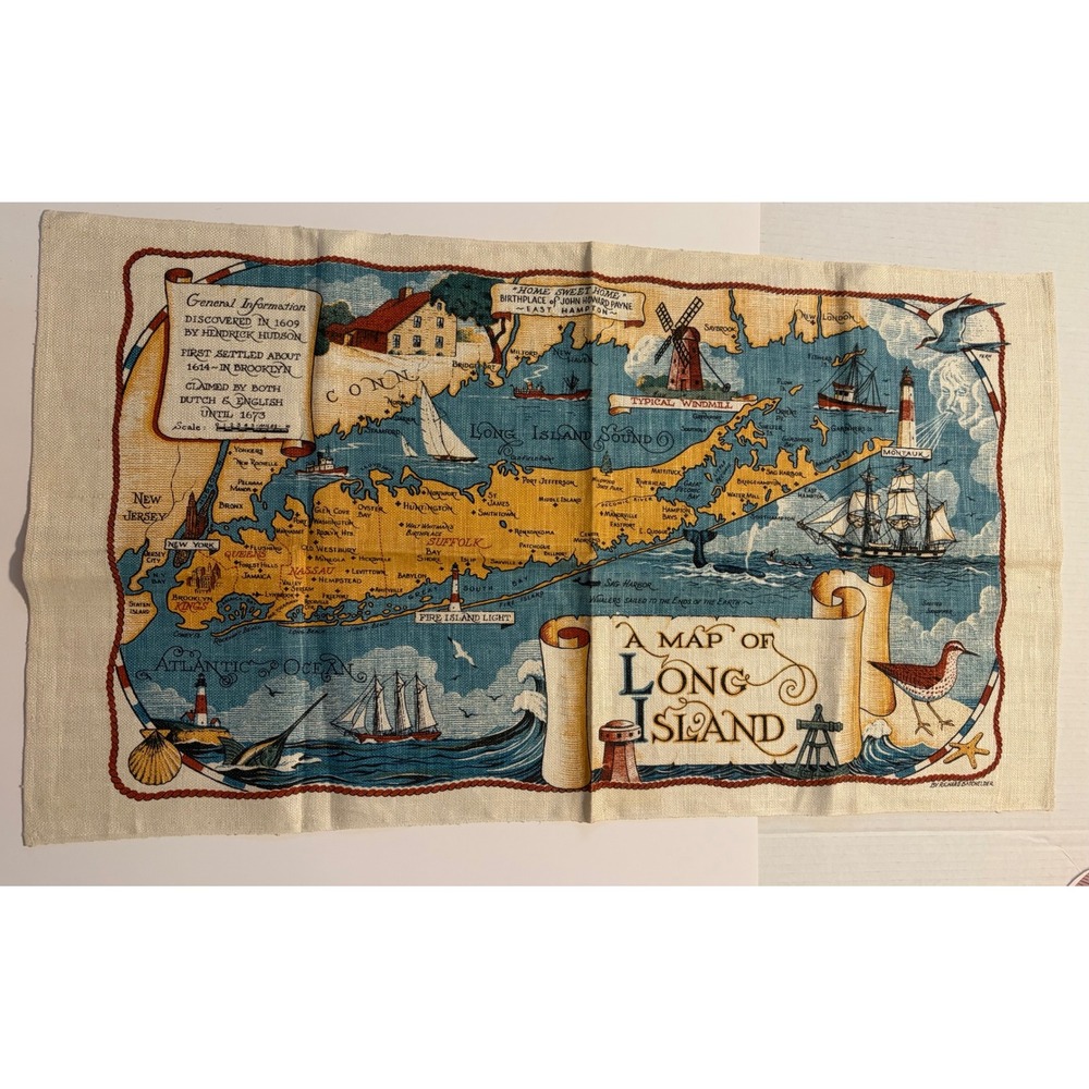 Vintage Long Island Map Linen Tea Towel Nautical Wall Hanging